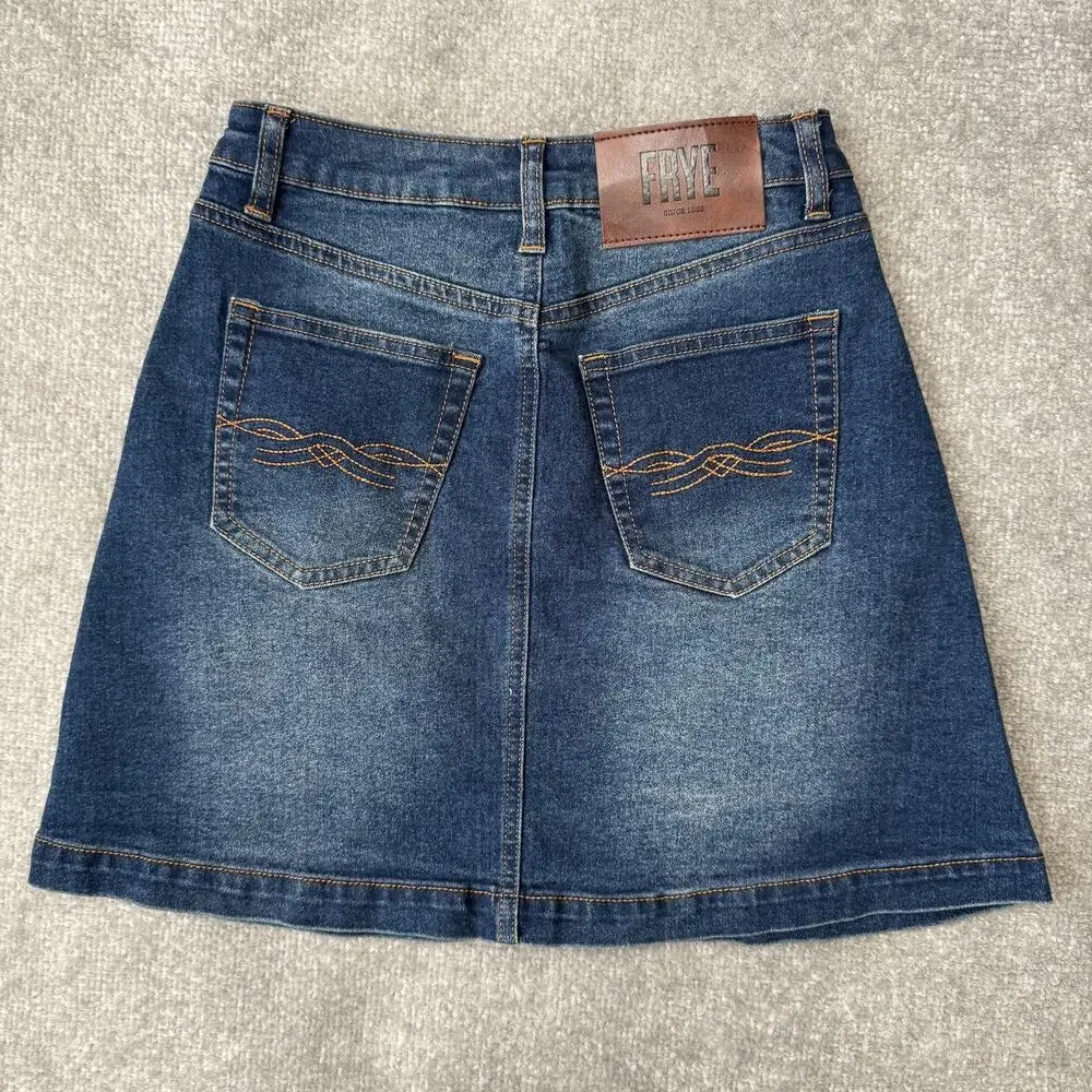 FRYE Skirt Womens 2 Blue Denim Button Front A-Line Pockets Stretch Jean Casual